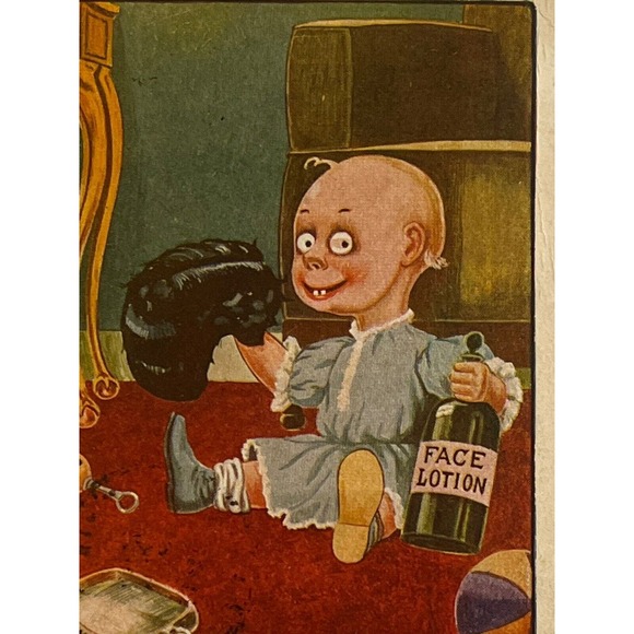 Antique Posted 1911 Ephemera Postcard Humorous Artwork Baby With Toupee Lotion - Picture 1 of 5